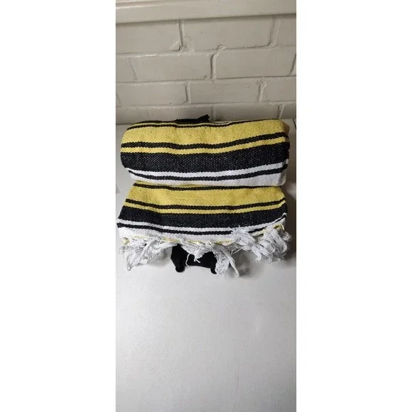 Yoga Blanket Mexican Throw Vintage Style Yellow White Black Stripes 51" x 75" - Picture 7 of 7